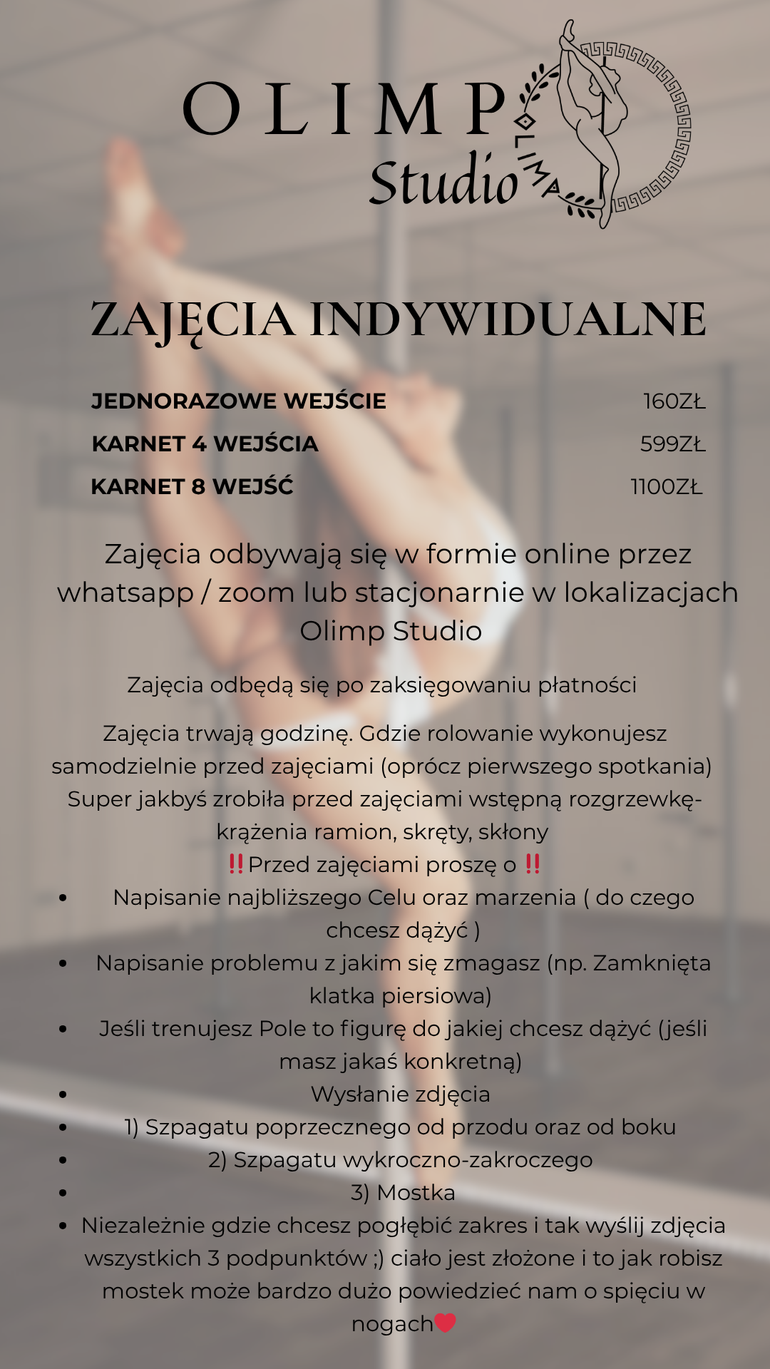 Cennik zajęć indywidualnych w Olimp Studio: jednorazowe wejście 160zł, karnet 4 wejścia 599zł, karnet 8 wejść 1100zł.